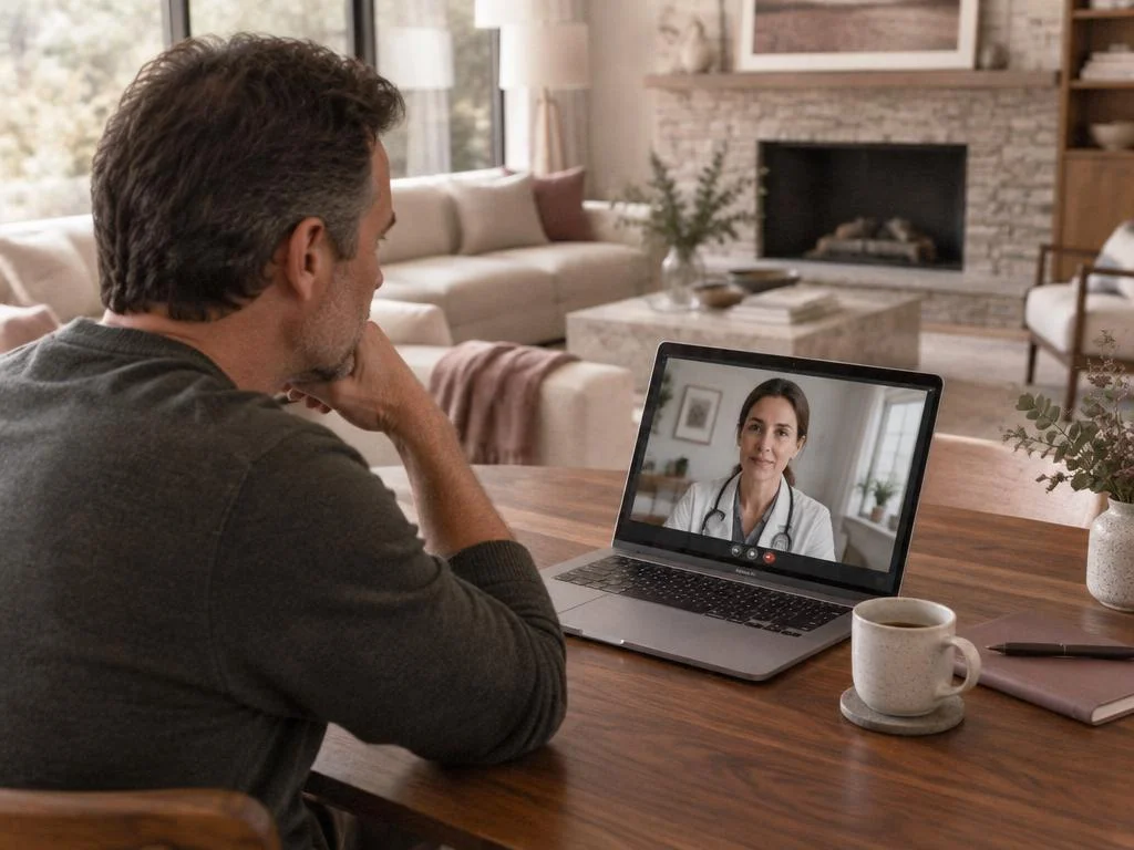 A man on a telehealth call at home