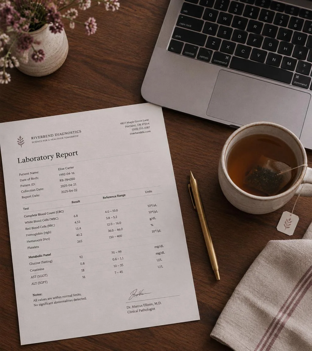 A printed lab report, a laptop and tea on walnut