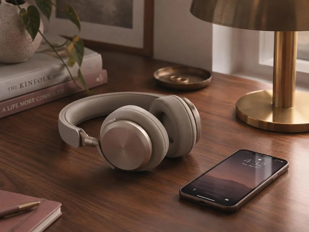Headphones on a walnut desk
