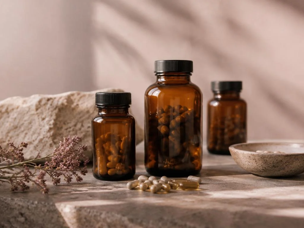 Amber supplement bottles on stone