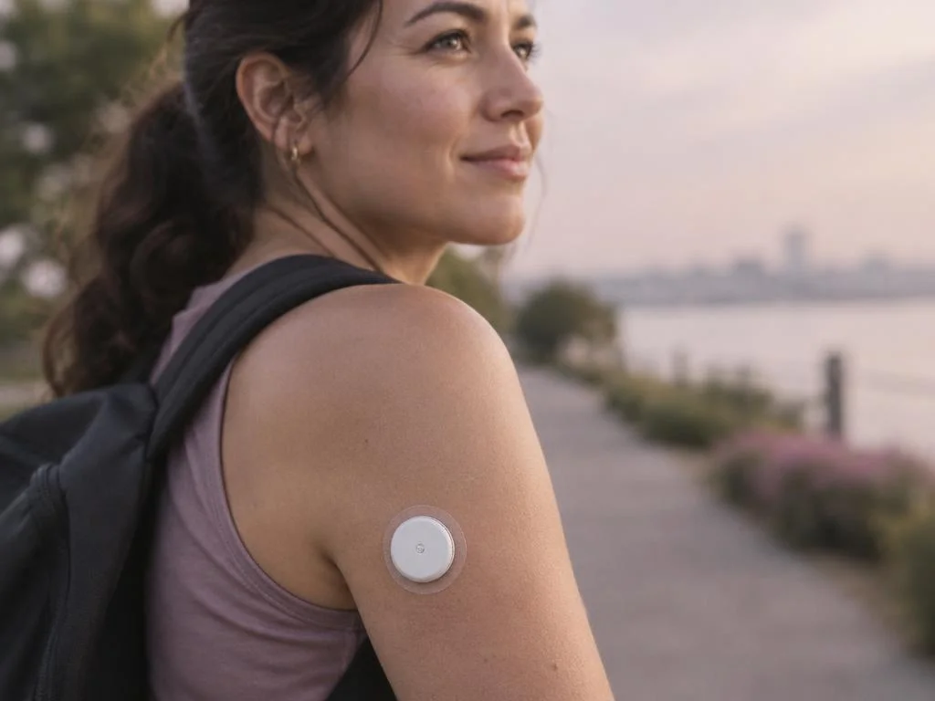 A glucose monitor on an arm during a morning walk