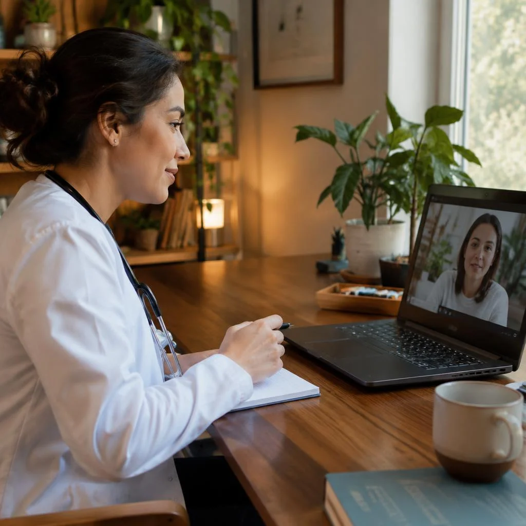 A provider on a telehealth call from a warm home office