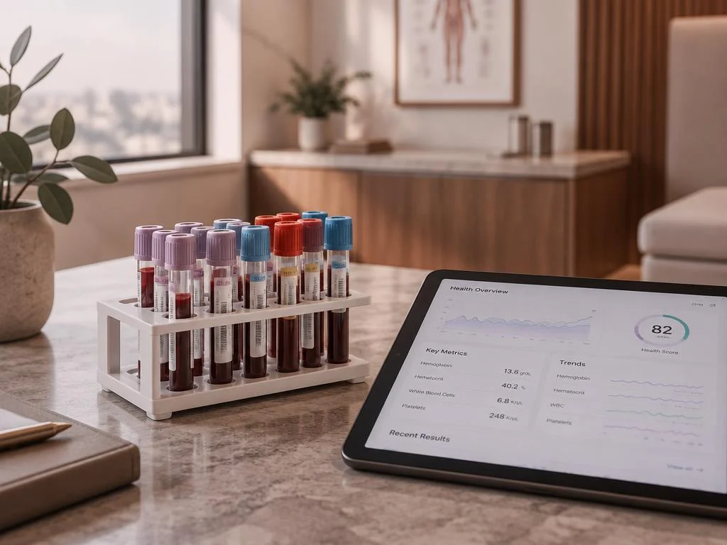 Lab vials beside a tablet showing health charts