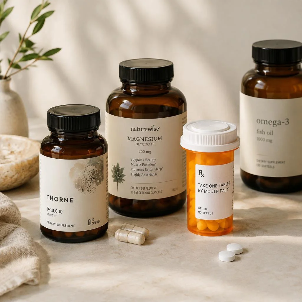 Amber supplement bottles and a prescription bottle on stone