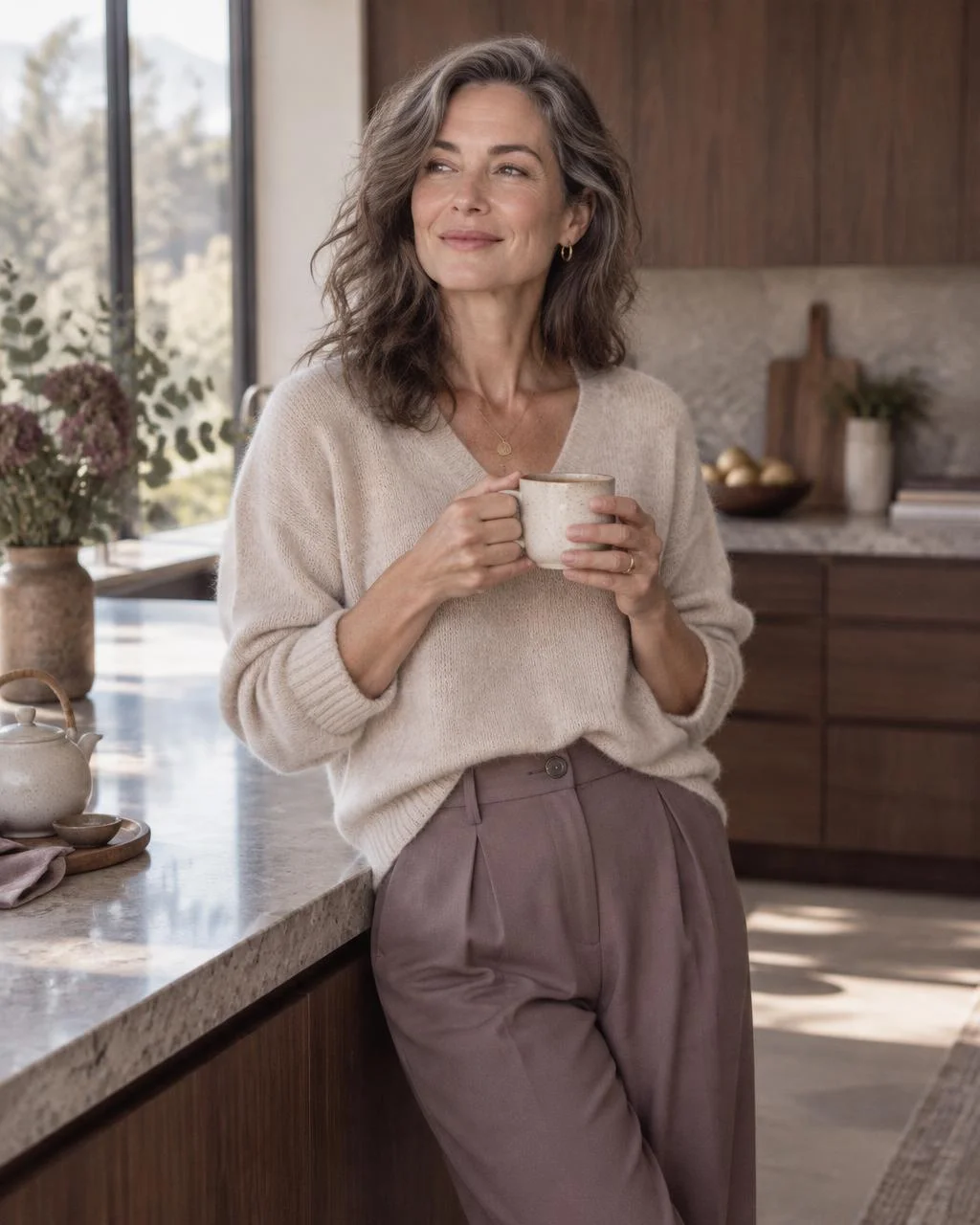 A woman in a sunlit kitchen
